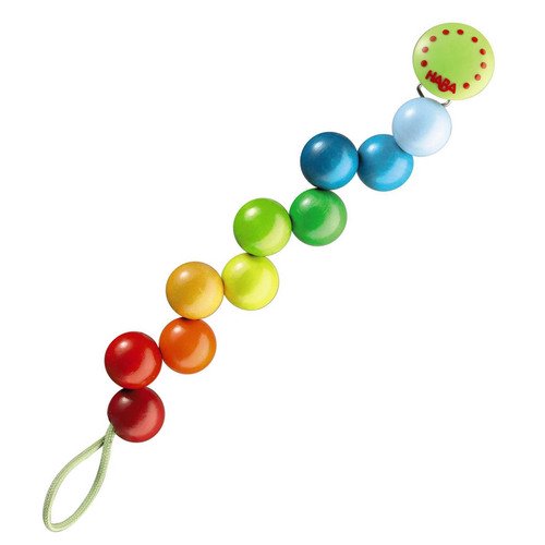 Pacifier Chain Rainbow with vibrant, colorful beads made from non-toxic materials for babies 0 months and up.
