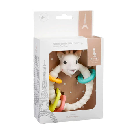 Colo'Rings Sophie Teether made of natural rubber with colorful textured rings for soothing babies’ gums, ages 3 months plus.
