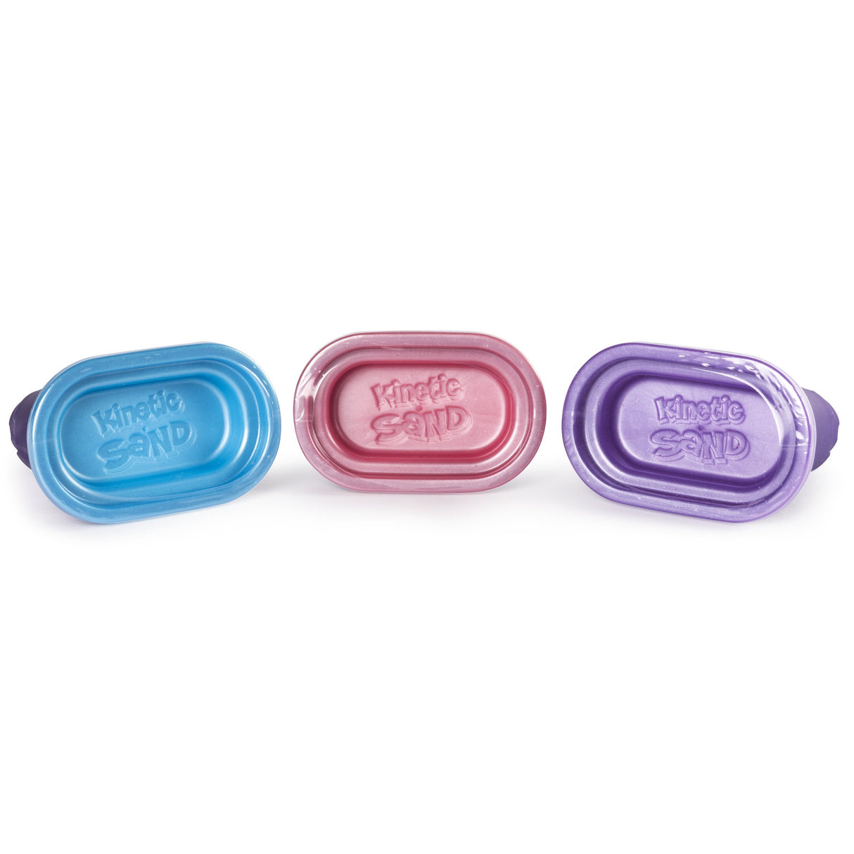 Kinetic Sand Shimmer Pack featuring three pastel shimmer molds in blue, pink, and purple for creative play.
