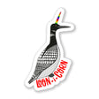 Loon-i-corn Sticker showing a loon with a rainbow horn and red lettering, waterproof vinyl design.