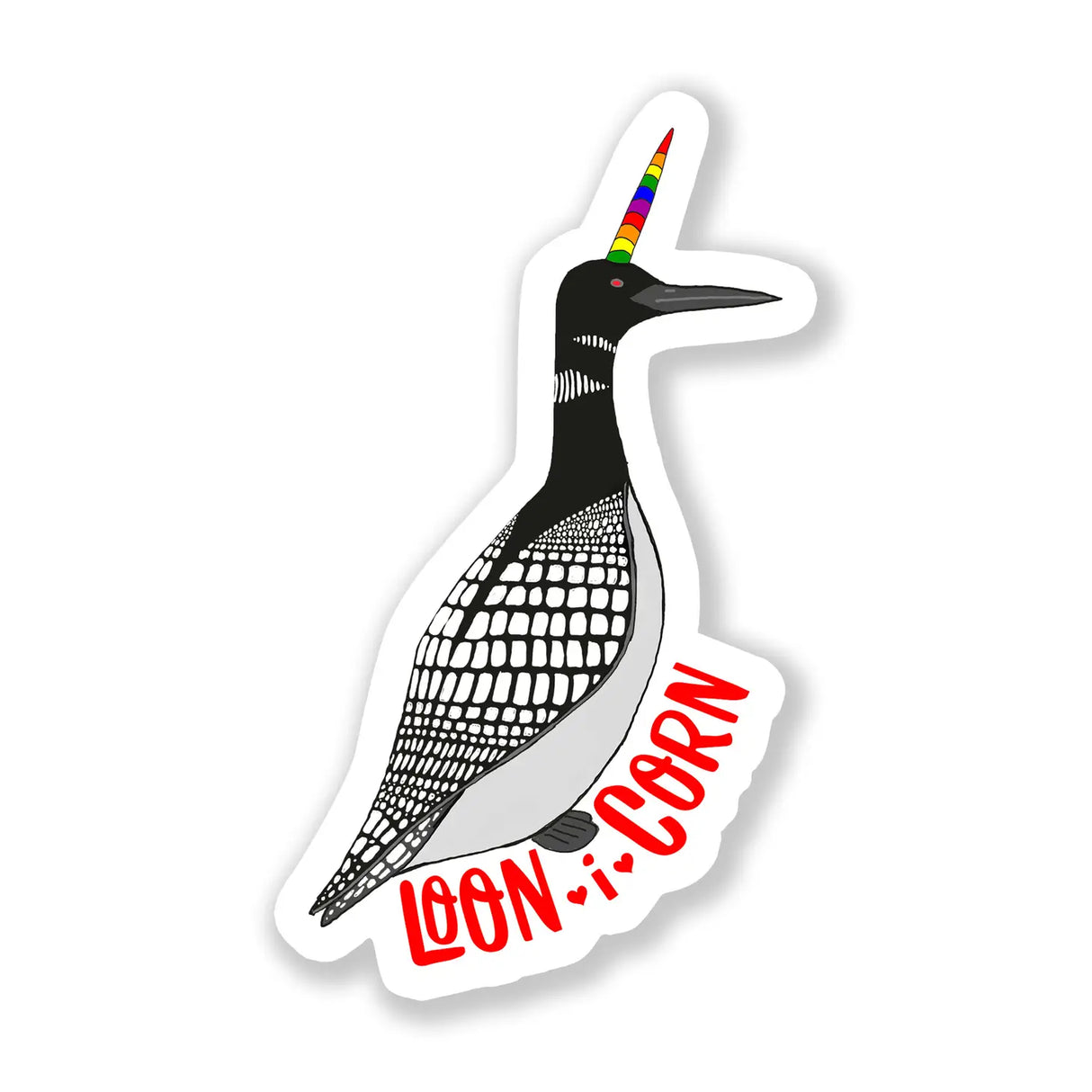 Loon-i-corn Sticker showing a loon with a rainbow horn and red lettering, waterproof vinyl design.
