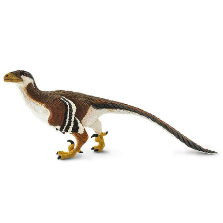 Deinonychus toy figure with detailed feathers, large claws, and realistic coloring, part of Wild Safari Prehistoric World.