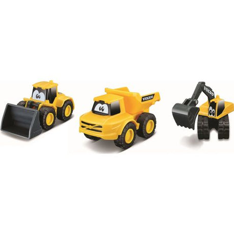Volvo Construction Vehicle toy set includes a yellow bulldozer, dump truck, and excavator with rolling wheels.