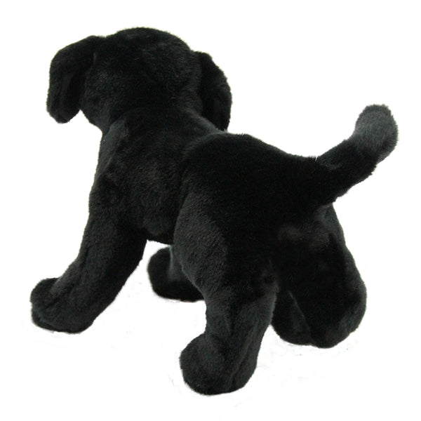 Black Lab Chester plush toy shown from the back with soft black fur and raised tail, perfect for cuddles and play.