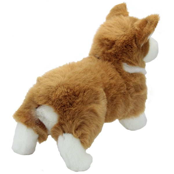 Corgi Ingrid plush toy showing fluffy tan and white fur with stumpy paws and classic corgi rump, facing away.