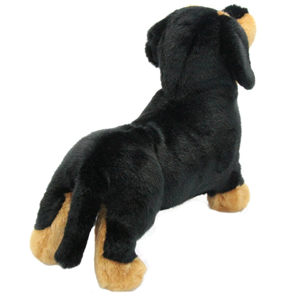 Dachshund Spats plush toy showing smooth black and tan fur with a long nose, 16 inches, machine washable.
