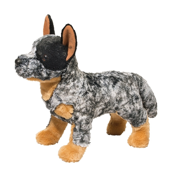 Australian Cattle Dog Bolt plush with gray merle fur, tan chest and legs, and black face, 16-inch stuffed dog by Douglas.