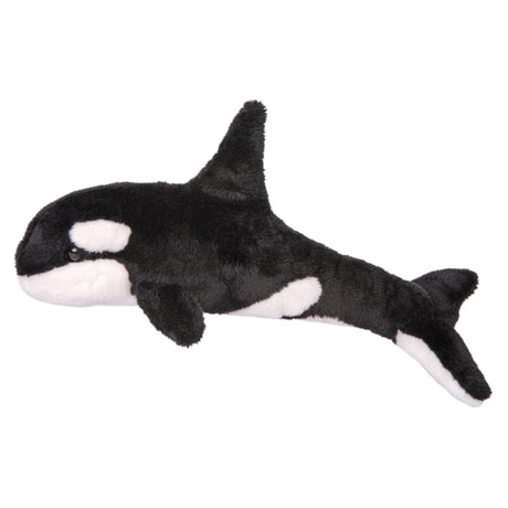 Orca Whale plush toy with classic black and white markings, soft and machine washable, perfect for kids ages 2 and up.