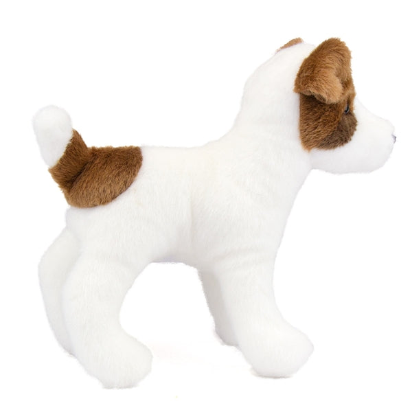 Jack Russell Terrier Fiesty plush toy with soft white fur and brown markings, perfect for dog lovers and kids.