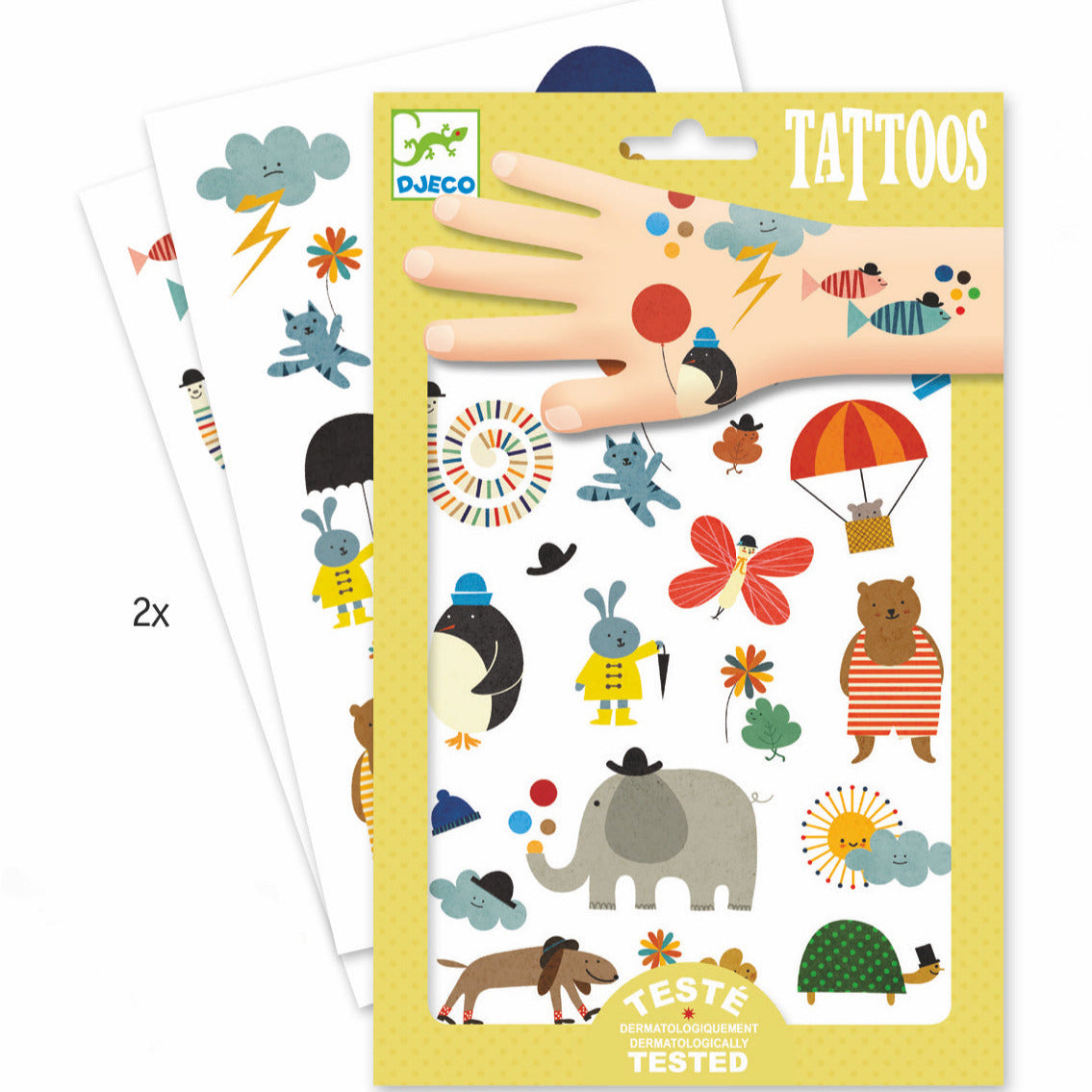 Pretty Little Things Tattoos featuring colorful animal and nature designs on easy-to-apply sheets for kids ages 3+.
