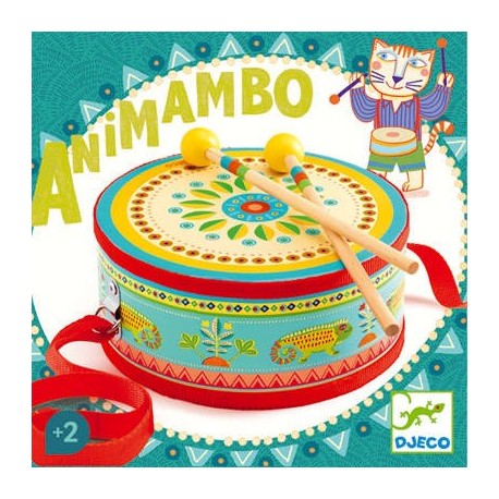 Animambo Drum decorated hand drum with mallets and neck strap for children aged 2 and up, colorful design.