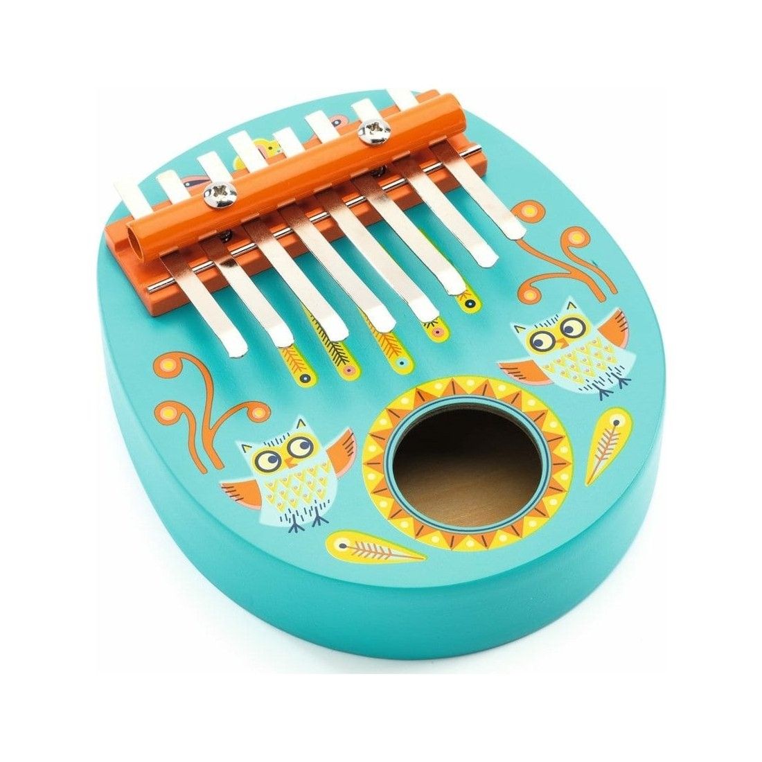 Animambo Kalimba wooden thumb piano in turquoise with owl design and metal keys for children's musical fun.