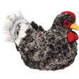 Plump plush Hen Pepper with mottled gray feathers, white fluffy tail, and bright red wattle, perfect for snuggles.