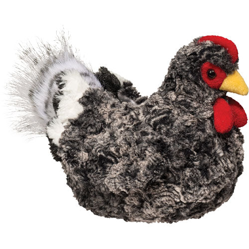 Plump plush Hen Pepper with mottled gray feathers, white fluffy tail, and bright red wattle, perfect for snuggles.