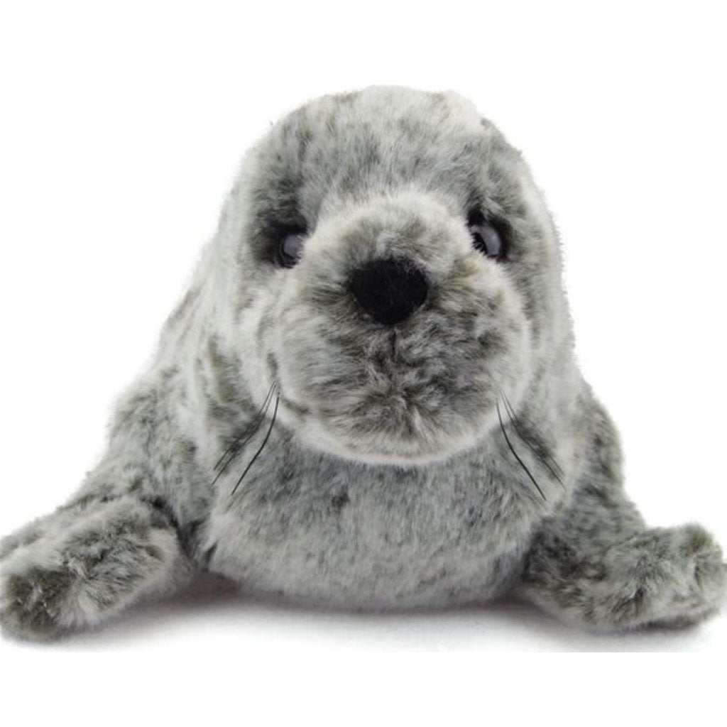 Seal Speckles plush, a 12-inch soft gray and white monk seal cuddle toy, perfect for ages 2 and up.
