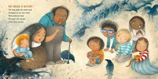 Fry Bread book illustration showing a Native American elder with children gathered around, sharing stories and connection.