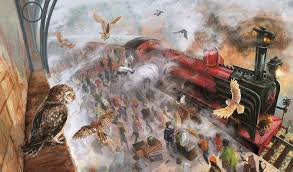 Harry Potter and the Sorcerer's Stone Illustrated Edition showing the Hogwarts Express surrounded by flying owls and a crowd at the station.