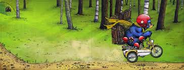 Bruce's Big Move shows Bruce the bear riding a small bike through a forest, wearing a red helmet and cape.