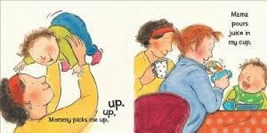 Illustration of a toddler with two moms playing and pouring juice, from the board book Mommy, Mama, and Me.