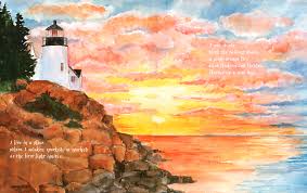At One in a Place Called Maine book illustration of a lighthouse on rocky coast at colorful sunset over the Atlantic Ocean.