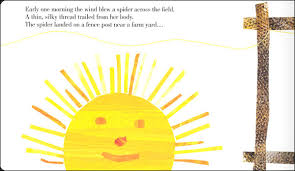 The Very Busy Spider book illustration showing a smiling yellow sun and a fence post with a spider web.