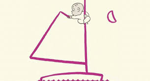 Illustration from Harold and the Purple Crayon showing Harold drawing a purple sailboat under the moonlight.