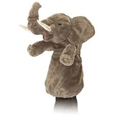 Elephant Stage Puppet with moveable trunk made of soft fabric, perfect playful toy for kids ages 3 and up.