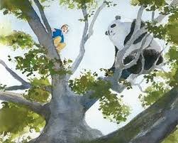Zen Shorts book illustration of a boy and a giant panda in a tree sharing stories and wisdom.