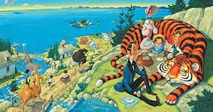 Circus Ship illustration showing animals and villagers united on an island by the sea in a colorful, friendly scene.