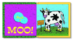 Peek a Who? colorful kids board book open to a cow illustration with die-cut windows and playful text for toddlers.