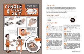 Pranklopedia open to prank instructions with cartoon illustrations showing a fun practical joke guide for kids.