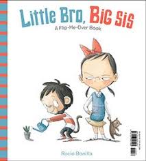 Little Bro, Big Sis book cover showing illustrated playful siblings, a boy and a girl, by Rocio Bonilla.