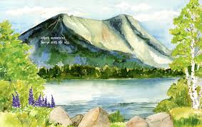 At One in a Place Called Maine illustration of Baxter State Park mountain and lake with surrounding trees and rocks.