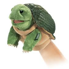 Turtle Little Hand Puppet with movable mouth and feet, soft green fabric perfect for kids' imaginative play.