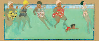 Julian is a Mermaid book illustration shows diverse women and a child swimming joyfully in a colorful pool scene.