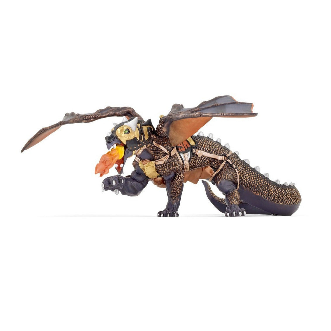 Dragon of Darkness figure breathing fire with detailed wings and scales, perfect for imaginative play and fantasy battles.
