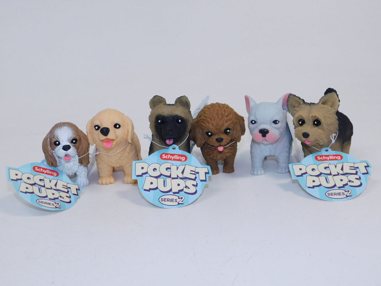 Pocket Pup Series 2 small dog figurines, huggable, squishable pups in various breeds, perfect for desks or pockets.