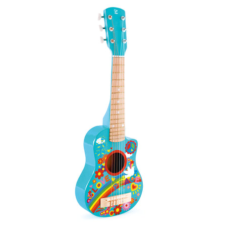 Flower Power Guitar in bright blue with 1960s floral and peace symbol design, perfect for kids learning music.