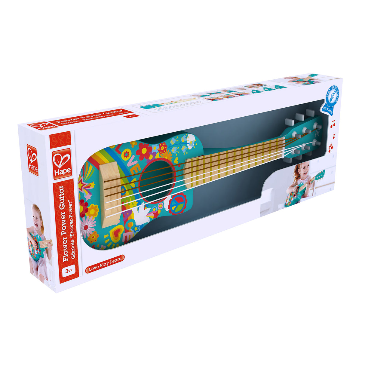 Flower Power Guitar with colorful 1960s floral design, 6-string classical and ukulele hybrid for kids aged 3 and up.
