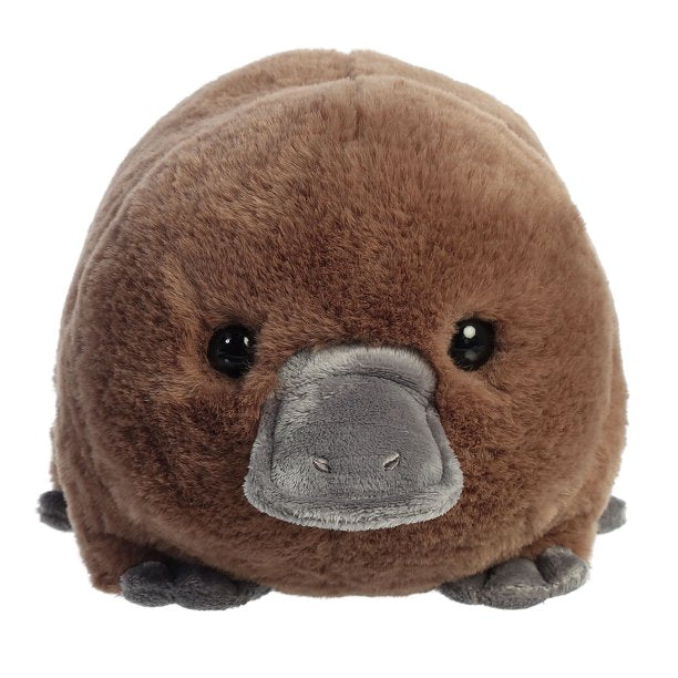 Close-up of Spudster Platypus Pongo plush with warm brown body and gray feet and bill, perfect for cuddling.