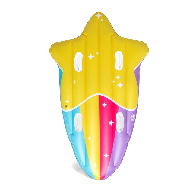 Snow Tube for 2 | Shooting Star inflatable sled in bright yellow, blue, pink, and purple with comfort grip handles.