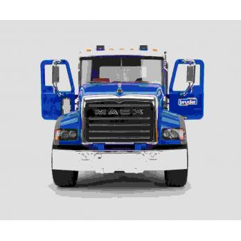 Mack Granite Tip Up Truck with open doors, realistic cabin, chrome details, and foldable rear-view mirrors in blue color.