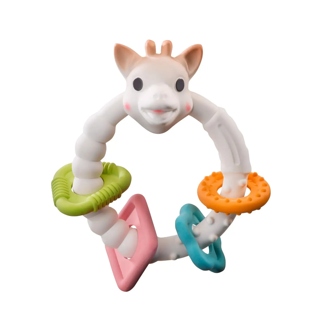 Colo'Rings Sophie Teether with giraffe head and colorful textured rings for soothing baby's gums and sensory play.