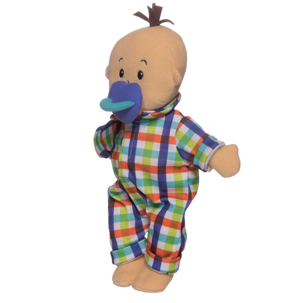 Wee Baby Stella Fella in colorful flannel pajamas with embroidered face, removable clothing, and magnetic pacifier.
