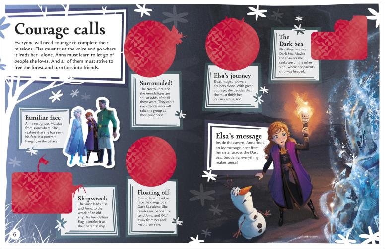 Magical Sticker Book | Frozen II open to Courage Calls page with character stickers and colorful illustrations.