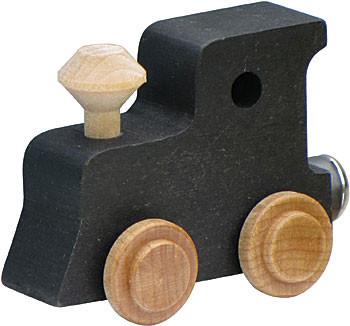 NameTrain Engine wooden toy train engine in black with natural wood wheels and smokestack, sustainably made in Vermont.