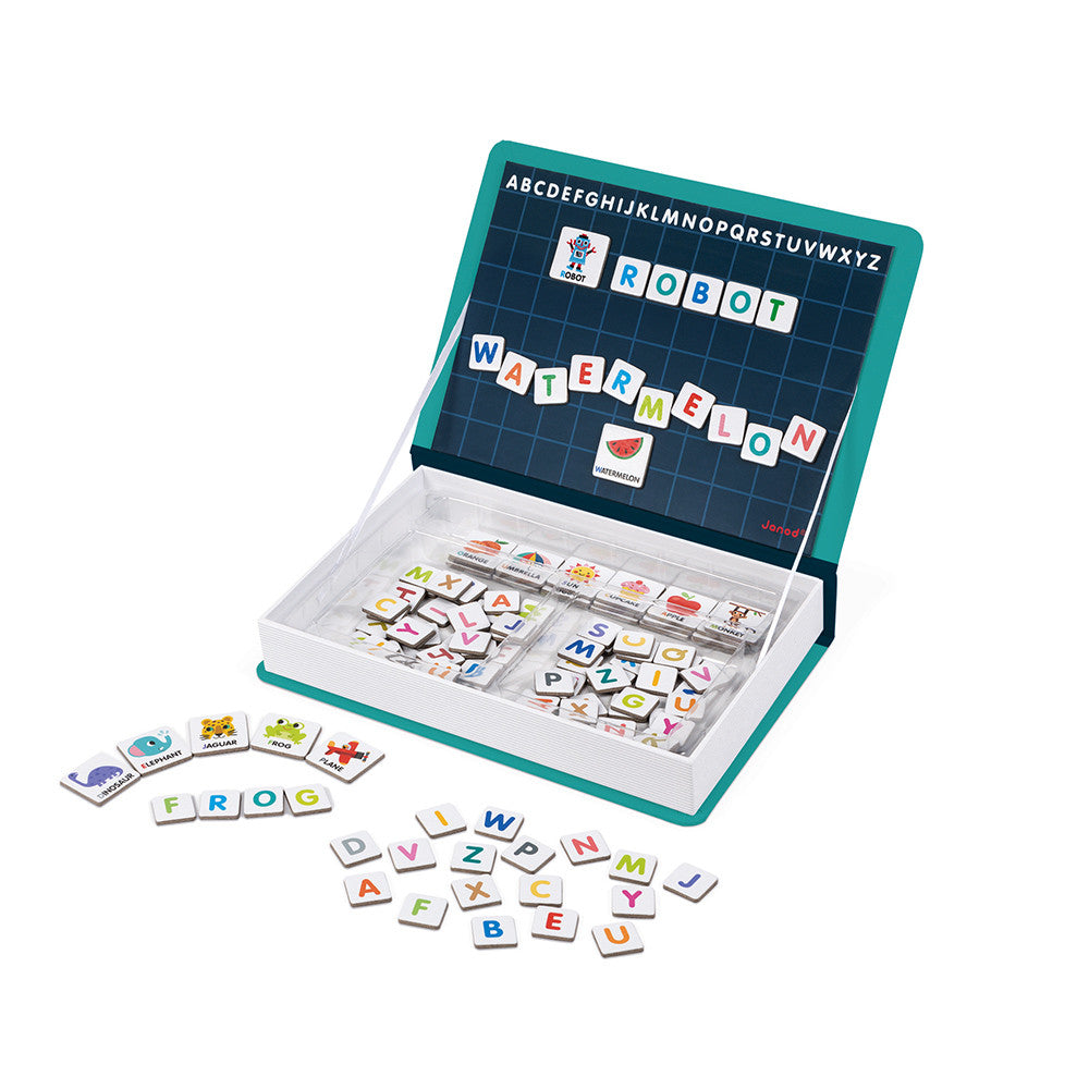 MagnetiBook Alphabet educational magnetic game showing letters and illustrated word magnets in a book-shaped box set.