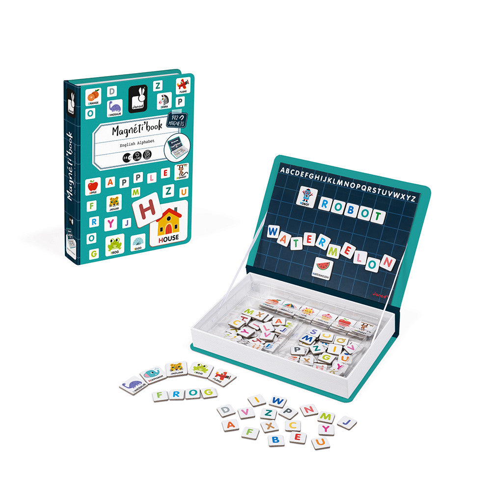 MagnetiBook Alphabet educational magnetic game with illustrated word magnets and letter tiles for kids learning English alphabet.