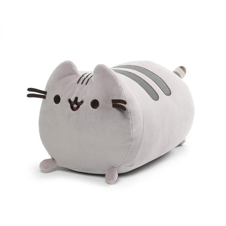 Pusheen Squisheen Log plush with soft gray fabric, smiling face, and elastic squishy design perfect for cuddling.