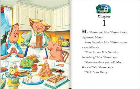 Illustration from Mercy Watson Goes for a Ride showing the Watsons and Mercy the pig at the kitchen table with Saturday lunch.